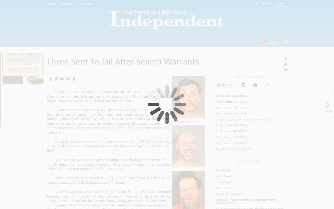 Holt County Independent Stuart search-warrant story, a selective crime-news article about reported arrests